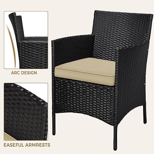 Yaheetech 3 Pieces Patio Conversation Set, Outdoor Rattan Bistro Furniture, 2 Chairs with Cushions & 1 Side Table for Bistro/Porch/Garden/Deck/Courtyard, Black/Khaki thumbnail 6