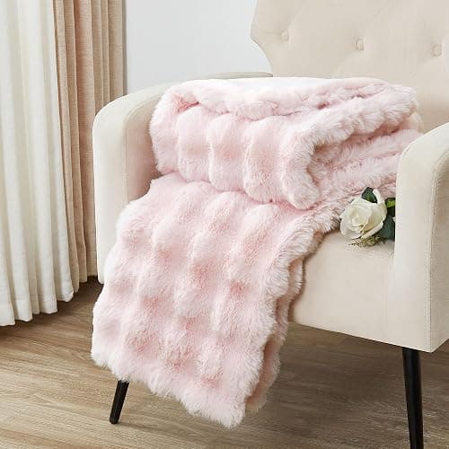 DREAMNINE Decorative Soft Thick Fuzzy Bubble Faux Rabbit Fur Throw Blanket for Couch Sofa, Reversible Plush Warm Fluffy Blankets for Winter, Luxury Cute Cozy Furry Fur Blanket for Bed, 50" x 60", Pink thumbnail 6