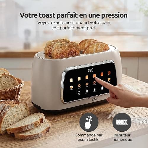 Olvy Grille Pain Electrique Ecran LCD Minuteur | 1 Appareil | Beige 4 Fentes 1500W Decongelation | Petit Dejeuner Familial | Toaster Fentes Larges Ramasse Miettes thumbnail 4