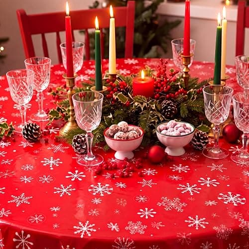 Ganeen 12 Pcs Snowflake Tablecloth Red White, Plastic Round Winter Xmas | Winter Table Covers with Placemats, Disposable for Easy Cleanup, Festive Snowflake Print for Holiday Parties thumbnail 6