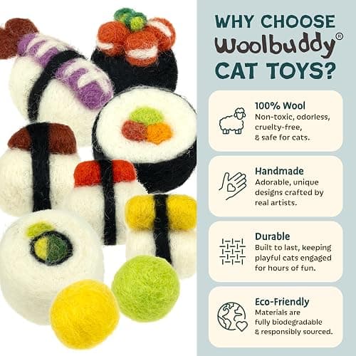Woolbuddy Sushi Cat Toy Set – Wool Felt Interactive Toys for Indoor Cats & Kittens, Catnip-Free, Durable, Cute Enrichment Toys for Bored Cats, Natural Wool Dental & Hunting Play (Small – 9 Pcs) thumbnail 5
