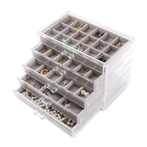 Frebeauty Acryl-Schmuck-Organizer, Ohrring-Organizer, Box mit 5 Schubladen, stapelbarer Ohrringhalter für Ringe, Ohrstecker und Armbänder (grau) - Image 1