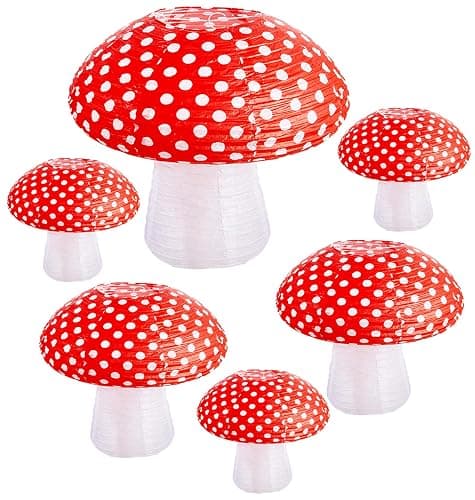 Mushroom Paper Lanterns 6 Pcs Mushroom Hanging Paper Lanterns 3 Size Paper Lantern Bedroom for Alice in Wonderland Themed Birthday Baby Shower Fairy Theme Party Decorations - Image 1
