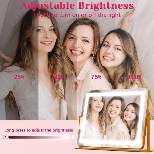 HNV Gold Vanity Makeup Mirror with Lights, 22"x17" Large Lighted Vanity Mirror, Dimmable LED with 3 Color Touch Lighting, Tabletop Mirror for Desk or Bedroom, 360° Rotation thumbnail 4