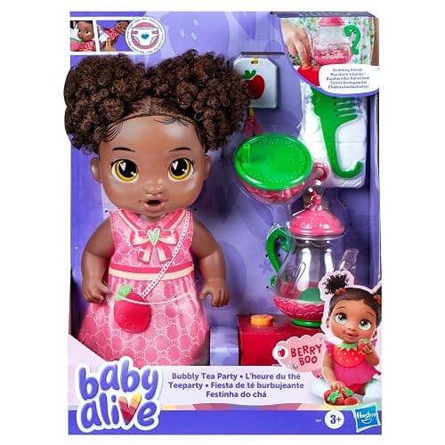 Baby Alive Bubbly Tea Party Berry Boo Doll with Teapot Accessories, Black Hair, 11 Inches, Kids Toys, Ages 3+ thumbnail 3