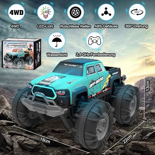 4WD Amphibisches Ferngesteuertes Auto,RC Auto wasserdicht mit Gestensensor,LED Licht & 2 Akkus,Geschenk für Jungen & Mädchen 4-12 Jahre,Spielzeugauto für Sand,Wasser & Gelände,Baustein-kompatibel thumbnail 7