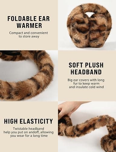 Buauty Womens Leopard Ear Muffs, Soft Winter Ear Covers Foldable Fluffy Ears Headband Warmers for Cold Weather thumbnail 4