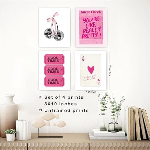 okaxscm Hot Pink Trendy Preppy Wall Art Prints Set of 4, Coquette Preppy Room Decor Aesthetic, Pink Room Wall Decor, Pink Cherry Disco Ball Wall Decor Posters for Girls Bedroom Dorm, 8x10 Unframed - 8x10 - pink thumbnail 3