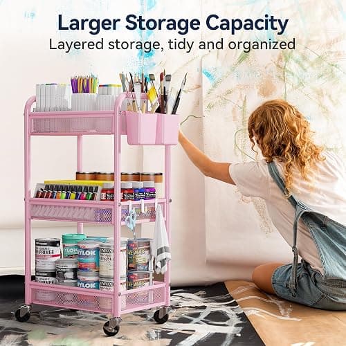 YASONIC 3 Tier Rolling Cart – Metal Utility Storage Cart with Wheels, Craft Cart Organizer with Hanging Cups, Hooks, Mesh Basket for Bedside Kitchen Office Art, Pink thumbnail 6