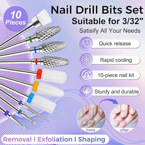 Fantexy 10 Pieces Ceramic Nail Drill Bits, 3/32 Inch | Professional Acrylic Nail Bit Set, Nail File Bits, Electric Manicure Machine, Home Salon Use thumbnail 2