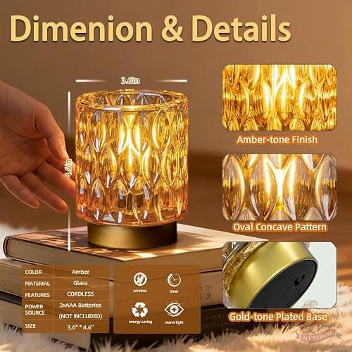 Battery Operated Table Lamps Timer, Mini Crystal Lamp for Area No Plug, Cordless Lamp with LED Bulb for Power Outage, Decorative Lamps for Tabletop/Corner/Entryway/Stairway/Bathroom/Fireplace(2*AMBER) thumbnail 5