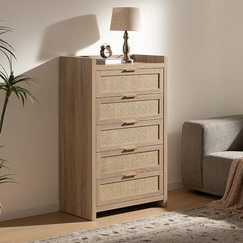 SICOTAS Dresser for Bedroom Chest of Drawers 46" Tall Dresser for Closet with 5 Rattan Drawers Boho Night Stand Large Clothes Storage Cabinet for Living Room Hallway Nursery Entryway - Reclaimed Light Oak/5 Drawers - 1 Piece thumbnail 2