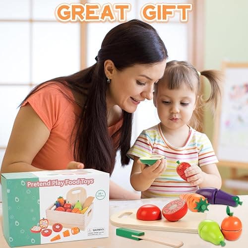 Wooden Play Food for Toddlers, Fruit & Veggies Cutting Set for Play Kitchen | Pretend Play Food, Teaches Part/Whole & Colors, Includes Knives & Board, Christmas Birthday Gift for Boys Girls 3+ Year Old thumbnail 2