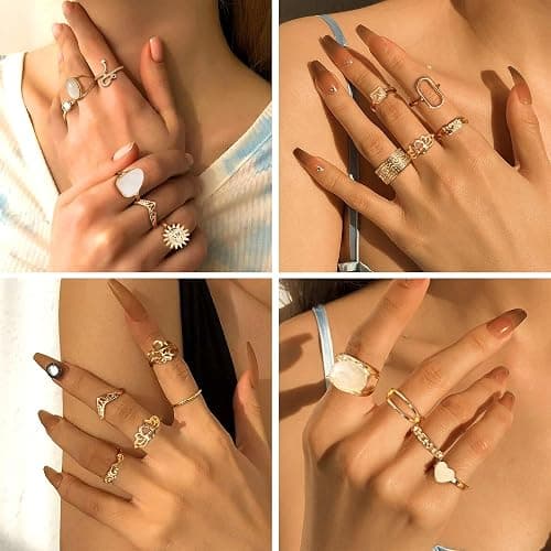 ⭐️Subiceto 70 Pcs Vintage Crystal Ring Set for Women, Stackable Knuckle Rings | 14K Gold Plated Ring Pack, Crystal Gem Snake Retro Boho Finger Rings, Multiple Size for Midi, Thumb, Joint, Knuckle, Stacking thumbnail 7