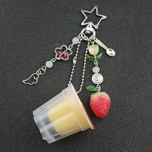 KANGSHUN Pudding Cup Keychain with Star Clip, Strawberry and Butterfly Charms, Cute Aesthetic Bag Accessory thumbnail 4