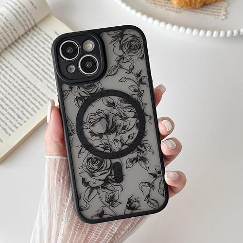 XIZYO Magnetic Case for iPhone 13, Floral Flower Cute Aesthetic Case [Compatible with Magsafe] for Women Girls Rose Pattern Slim TPU Bumper Shockproof Protective Cover, Branch Rose/Black - Image 1