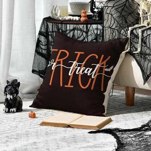AVOIN colorlife Happy Halloween Cute Ghost Trick or Treat Throw Pillow Covers, 18 x 18 Inch Polka Dot Pumpkin Bat Cushion Case for Sofa Couch Set of 4, Black thumbnail 5