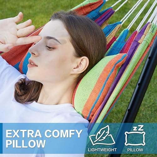 PNAEUT Double Hammocks with Stand for Outside, Portable Space Saving Heavy-Duty Steel Stand for Indoor Outdoor Patio, 450 lbs Capacity (Tropical) thumbnail 4
