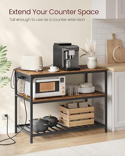 VASAGLE Kitchen Island with 3 Shelves, 47.2 Inches Width Kitchen Shelf with Power Strip, Large Worktop, Stable Steel Structure, Industrial, Easy to Assemble, Rustic Brown and Black UKKI101K01 thumbnail 4