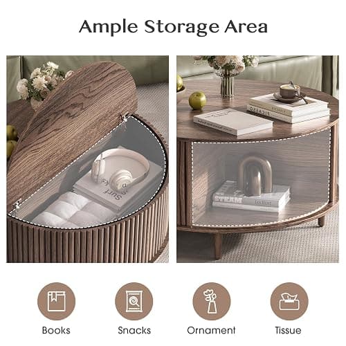 JOINICE,Round Coffee Table with Storage,Fluted Center Table with Sliding Cabinet Door for Living Room,Home Small Space,31.5" Small Center Table,Walnut thumbnail 4