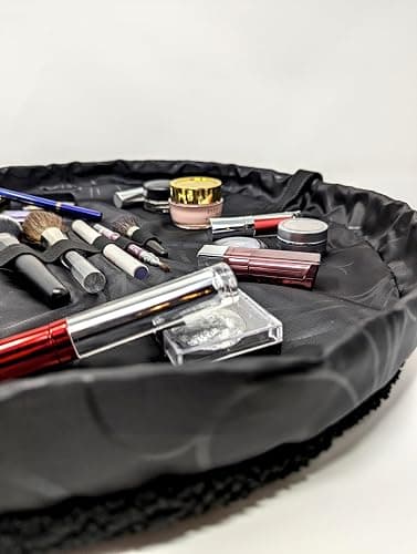 Lay-n-Go Cosmo Drawstring Cosmetic & Makeup Bag Organizer - Portable Drawstring Makeup Bag w/Zipper Pocket, Makeup Loops & More - Durable, Machine Washable Toiletry Bag (20", Comfort/Black Sherpa) thumbnail 5