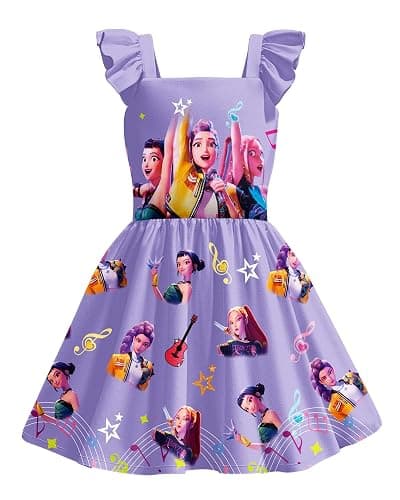 Girls Demon Hunter Dress Flutter Sleeve Kids Clothes Singer Printed Summer 5-12Y - Purpleblue - 9-10 Years thumbnail 2