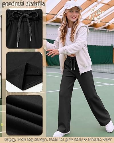 LessonZoo Girls Baggy Sweatpants Lightweight Pants | Wide Leg Pull on Athletic Jogger, Elastic Drawstring Waist and Pockets for School and Daily Wear, Casual Soft Trendy Bottoms thumbnail 4