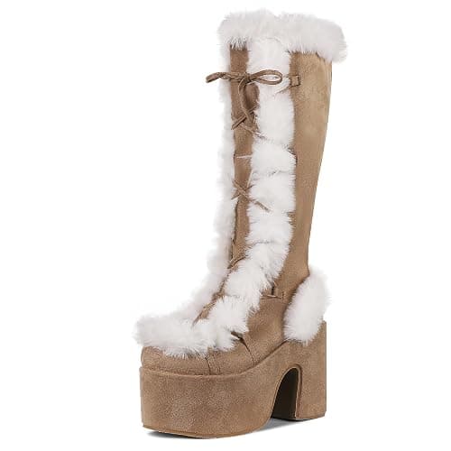 CELNEPHO Knee High Boots For Womens Side Zipper Warm Faux Fur Platform Chunky Heel Punk Goth Walking Winter Snow Boots - Image 1