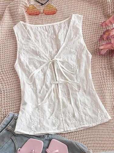 SweatyRocks Women's Bow Tie Front V Neck Floral Embroidery Tank Blouses Tops thumbnail 6