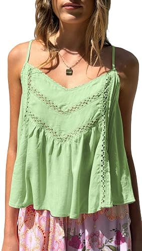 Allimy Womens Casual Adjustable Straps V Neck Linen Pleated Crochet Cami Shirt Tanks Tops - Image 1