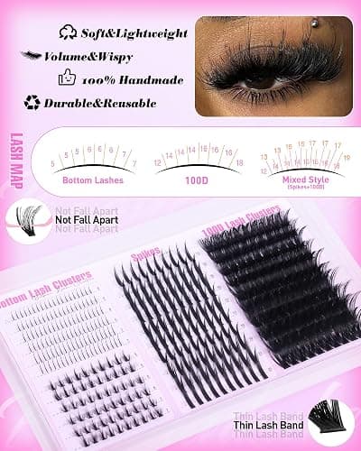 Wispy Lash Clusters with Spikes Volume Eyelash Clusters with 2 Styles Bottom Lashes 100D Mink Cluster Eyelash Extensions 380PCS Spiky Individual Lashes with Bottom Lash Clusters by Boahankuke thumbnail 6