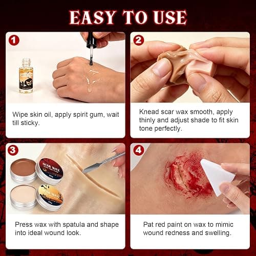 Halloween SFX Makeup Kit 24pcs for Adults Zombie Vampire Cosplay | 3 Kinds of Fake Blood+Scar Wax+Oil Face Paint Kit, Setting Powder, Brushes, Sponges, Professional Special Effects Makeup Kit thumbnail 3