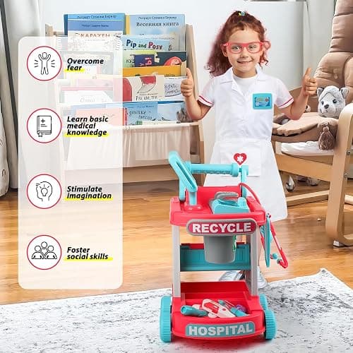 Liberry Toddlers Doctor Kit Toy for Girls Boys Ages 2 3 4 5, Red | Kids Doctor Playset with Cart, Costume & Stethoscope, Role Play, Pretend Play Medical Toys, Birthday Gift thumbnail 4