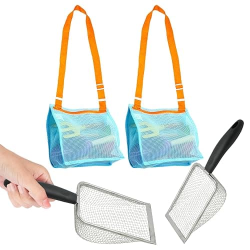 4E's Novelty 2X Shark Tooth Sifter for Beach with 2X Small Mesh Beach Bag for Shell Collecting, Metal Sand Scoop for Picking Up Shells - Beach Toys for Kids (2 Sets) - Image 1