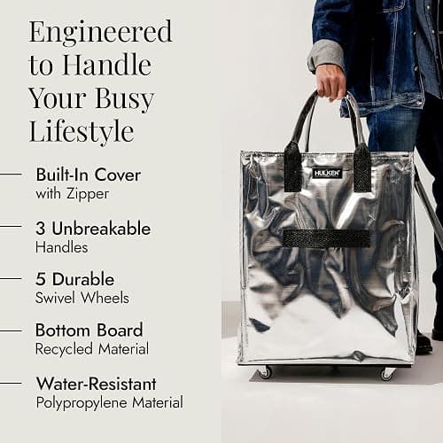 (Large, Silver) Reusable Grocery Bag On Wheels, Shopping Trolley, Rolling Tote, Zipper Closure, Lightweight, Carries Up to 66 lb, Folds Flat, Unbreakable Handles thumbnail 5