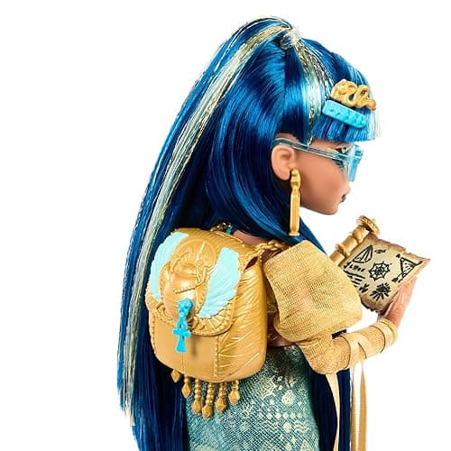 Monster High Cleo De Nile Doll in Golden Blouse & Layered Skirt, Includes Pet Cobra Hissette & Accessories Like a Backpack, Snack & Scroll thumbnail 6