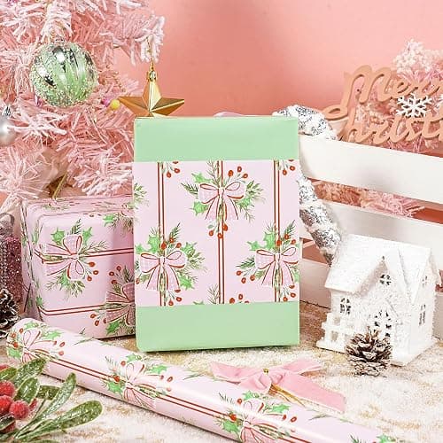 LeZakaa Christmas Wrapping Paper Roll, Pink Red Bow Berry Green Solid Color Design Holiday Gift Wrap for Kids Girls Women, Watercolor Style for Christmas Party Present, Mini Roll 17" x 16.4 ft thumbnail 3
