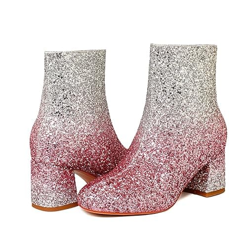 MAVMAX Women's Sequin Glitter Ankle Boots Chunky Heels Sparkly Booties - 8.5 Silver Purple thumbnail 3