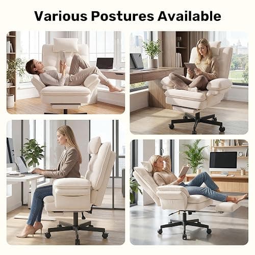 Criss Cross Office Chair with Flip-Up Armrests and Headrest, 135° Reclining Swivel Velvet Criss Cross Chair with Wheels & Foot Rest, Big and Tall Cloud Cross Legged Office Chair for Home, Cream thumbnail 4