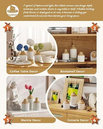 Beige Decorative Vase Set of 3 - Modern Boho Style Ribbed Ceramic Bud Vases for Flowers, Mini Small Vases for Shelf, Shelves, Bookshelf, Entryway Table & Home Decor Aesthetic (Beige White) thumbnail 3
