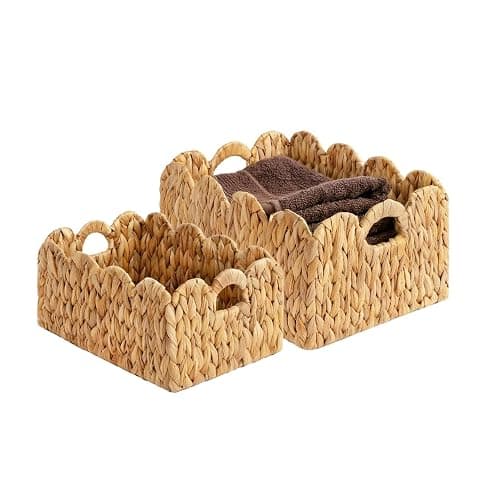 LUSYDECO Set of 2 Scalloped Edge Wicker Storage Basket with Built-in Handles, Rectangle Water Hyacinth Basket for Organizing, Decorative Woven Rattan Basket for Shelf, Nursery Room - Image 1