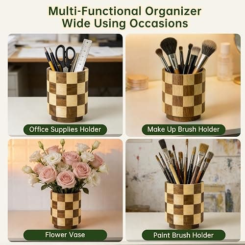 Fyctio Wooden Utensil Holder, 360° Rotating Acacia Wood Kitchen Utensil Holder for Countertop, 7.2" Non-Slip Large Utensil Holder for Kitchen, Farmhouse Countertop Decor, Spatula Holders, Checkered thumbnail 7