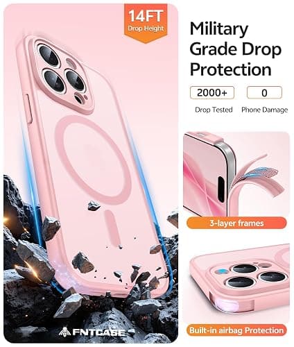 FNTCASE for iPhone 15 Pro Case: [Compatible with Magsafe] Translucent Matte Cases with [Full Camera Protection] [Screen Protector] Military Grade Shockproof Protective Phone Cover - Light Pink thumbnail 5