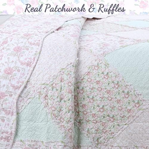Cozy Line Home Fashions 100% Cotton Real Patchwork Floral Pink Rose Shabby Chic Girly Reversible Quilt Bedding Set, Coverlet Bedspread (La Rosa Rêve, Twin - 2 Piece) thumbnail 4