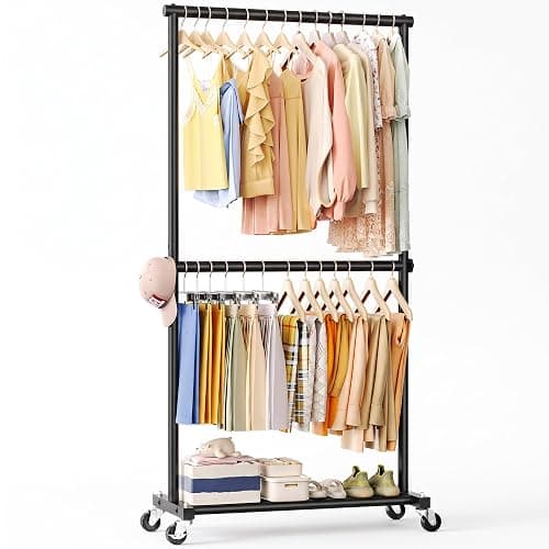 JIEJIERUI Double Rod Clothes Rack, 35" Wide Rolling Rack for Clothes, Portable Clothing Racks for Hanging Clothes, Metal Garment Racks with Wheels for Bedroom Laundry, Black - Image 1