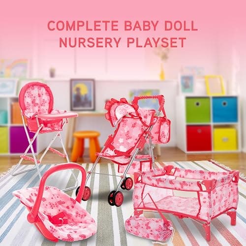 Dolls To Play Baby Doll Stroller Bed and Seat Nursery Playset, Accessories Furniture Set High Chair Diaper Bag Role Play Deluxe Set thumbnail 4