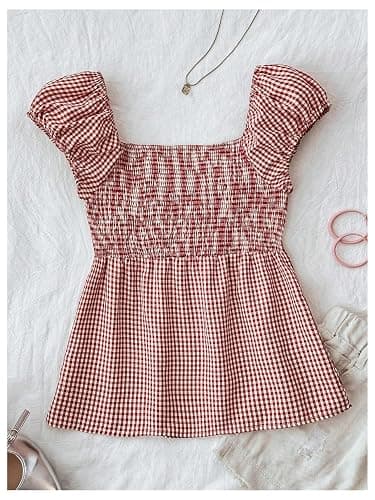 SOLY HUX Girl's Gingham Tops Y2K Cute Blouse Summer Sweetheart Neck Shirts Aesthetic Clothes thumbnail 2