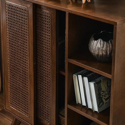 LKTART Mid Century Modern Storage Cabinet with Rattan Sliding Doors and Open Shelves, Boho Style Wooden Sideboard Buffet for Living Room,Dark Walnut thumbnail 6