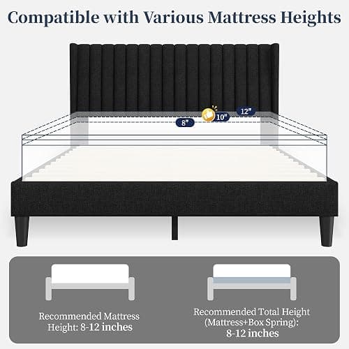 Yaheetech Queen Bed Frame Upholstered Platform Bed with Fabric Headboard, Wing Edge Design/Non-Slip and Noise-Free/Wooden Slats Support/No Box Spring Needed/Easy Assembly, Black Queen Bed thumbnail 7
