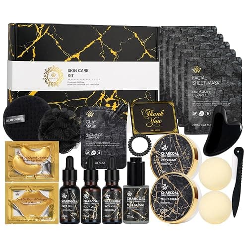 Valentines Day Gifts for Women & Men, Charcoal 23 Pcs Skin Care Set, Bath and Body Kit, Spa Gift Set, Birthday Gifts, Serum, Face Oil, Sheet Mask, Clay Mask, Bath Bombs, Christmas, Mother Day, Dad - Image 1